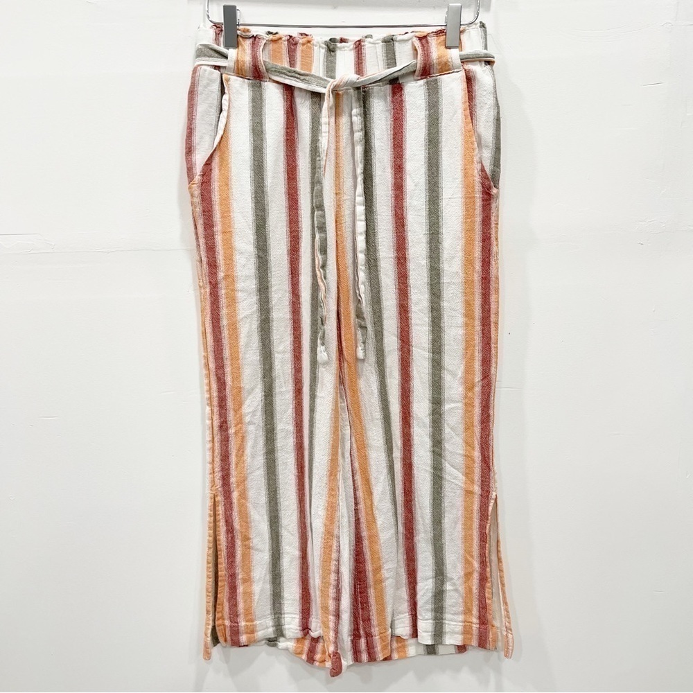 Indigo Rein Linen Blend Stripe Wide Leg Pants Belted Vacation Flowy Festival M